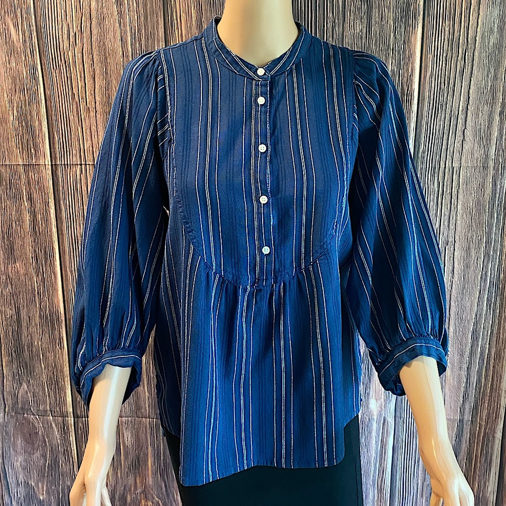 Gap medium navy blue white boho vertical stripped button down peasant blouse